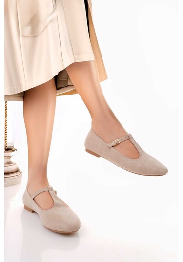 Siyah Süet T-strap Mary Jane Tasarım Babet Bej Süet