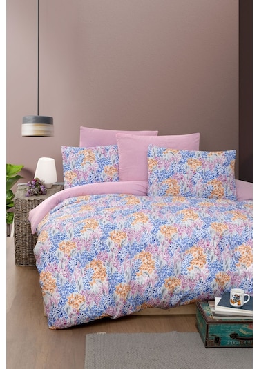 Mystory Home  Lastikli Çarşaflı Çift Kişilik Nevresim Takımı Colore Mavi - Pembe - Turuncu