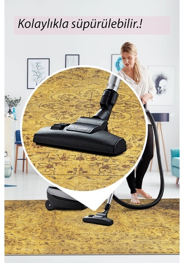 Blues Vintage Desenli Dokuma Taban Dekoratif Sarı Halı (Al 24)