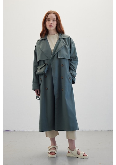 Manuka Düğmeli Kruvaze Trençkot Irmak Yeşil