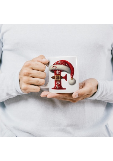 F Harfi Yılbaşı Temalı Bardak 330 Ml Harfli Kişiye Özel Hediye - Yeniyıl / Noel Şapka Tasarım Beyaz