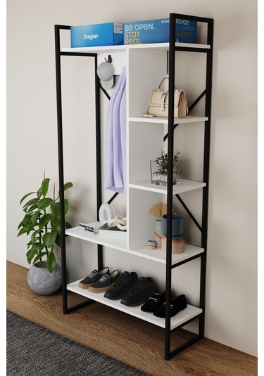 Aria Vestiyer Dekoratif Askılık Portmanto Çok Amaçlı Raf Beyaz