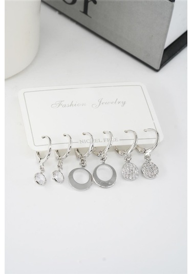 Kadın Zirkon Taşlı Sallantılı Oval Figürlü Klipsli 6'lı Küpe Seti Çok Renkli