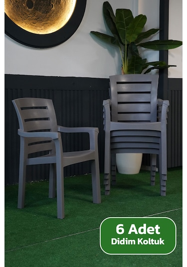 Alezy Didim İstiflenebilir Bahçe Balkon Koltuk Sandalye 6 Adet Gri