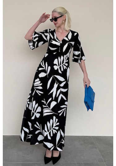 Madmext Siyah Desenli Yarım Kollu Elbise Mg2395 Siyah