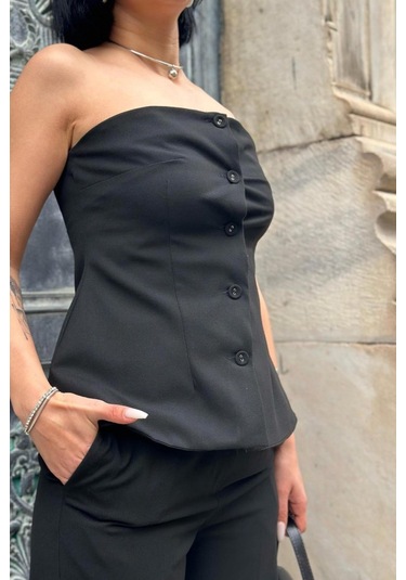 Modasize Siyah Straplez Düğmeli Crop Ve Pantolon Takım Siyah