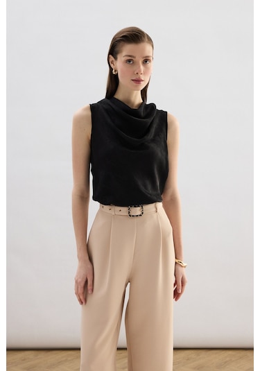 Sateen Degaje Yaka Bluz - Siyah-136752 Siyah