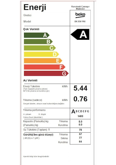 Beko BK 850 YKI 1400 Devir 8 KG + 5 KG Kurutmalı Çamaşır Makinesi