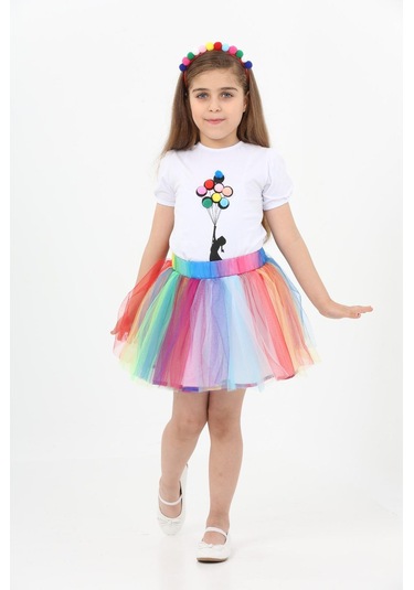 23 Nisan Kız Çocuk Gösteri Kıyafeti Alt Üst Takım Taç Dahil - 3lü Set No.23 Çok Renkli
