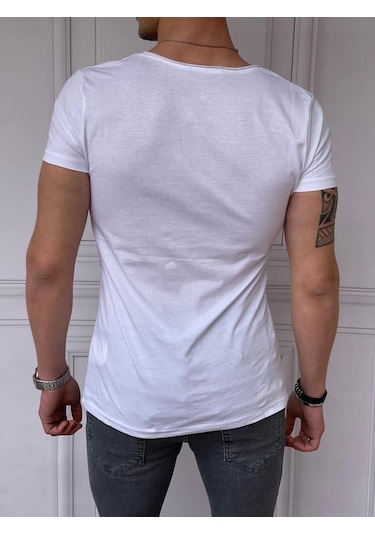 Modefendi Slim Fit Derin Açık Yaka Pamuklu Tshırt Beyaz