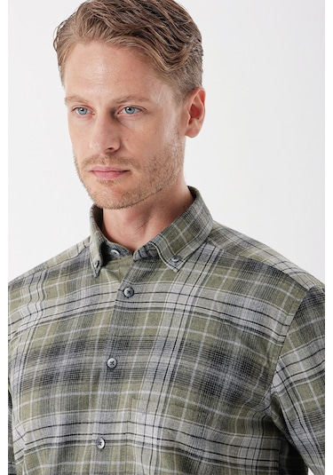 Koyu Haki Uzun Kollu Ekoseli Gabardin Sert Yaka Cepli Garnili Casual Comfort Fit Gömlek 1004235112-koyu Haki Koyu Haki