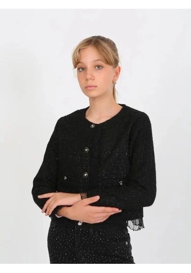 Kız Çocuk Siyah Simli Tüvit Ceket-15235 Siyah