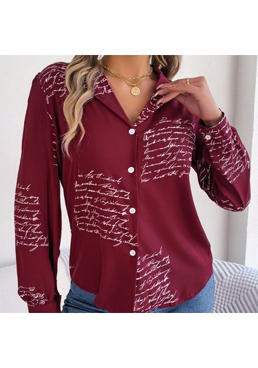 Gmxıa Kadın Modası Günlük Yazlık Takım Uzun Kollu Yaka Bluzlar Ve Alfabe Gömlekler Bordo
