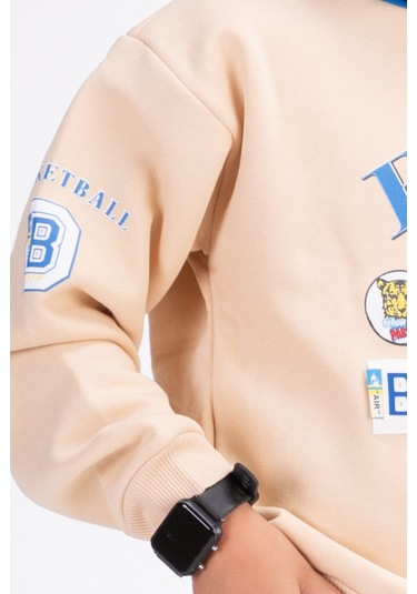 Erkek Çocuk Baskılı Kapşonlu Eşofman Takımı Ekru