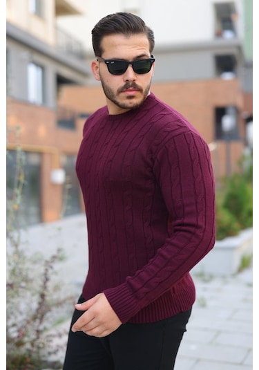 Erkek Örgü Desen Bisiklet Yaka Kazak Mürdüm