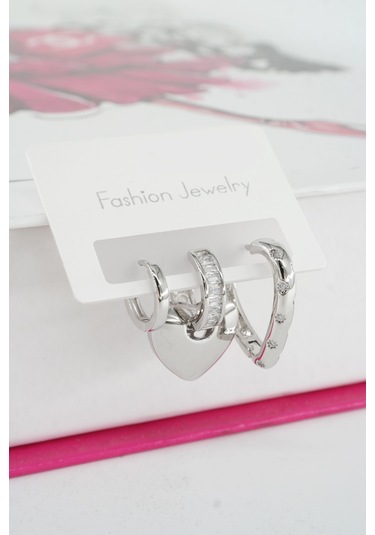 By Zeyna Aksesuar Kadın Vip Seri Baget Zirkon Taşlı 3'lü Küpe Seti-4152 Gümüş