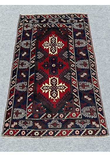 El Dokuma Döşemealtı Halısı 118x190 Kırmızı Lacivert Yün Halı Kırmızı