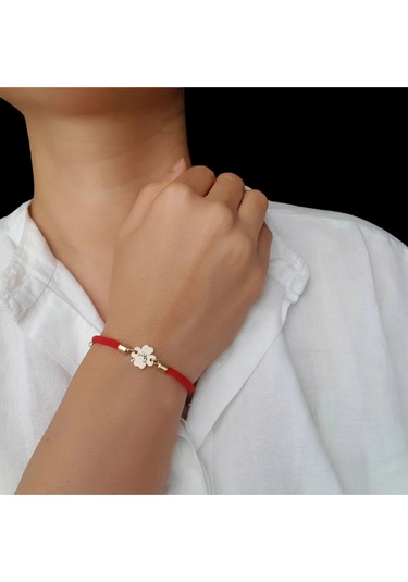 Çiçek Figürlü Örgü İpli 14 Ayar Altın Plakalı Hz Ali Sembollü Hediye Bileklik-324sembol-kırmızı Altın