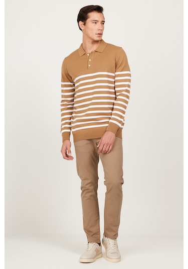 AC&Co / Altınyıldız Classics Erkek Vızon-ekru Standart Fit Normal Kesim Polo Yaka Çizgili Triko Kazak Vizon - Ekru AC&Co / Altınyıldız Classics Erkek Vızon-ekru Standart Fit Normal Kesim Polo Yaka Çizgili Triko Kazak Vizon - Ekru