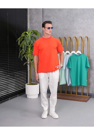Modefendi Pamuk Likra Yırtmaç Detaylı 2 İplik Oversize Tshirt Somon