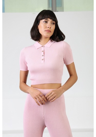 Ferraro Pembe Kadın Polo Yaka Kısa Kol Fitilli Viskon Triko Bluz Pembe