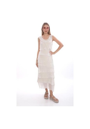 Italyan 2 Beden İnce Gösteren Kat Kat Kolsuz Ipek Elbise-8769 Ekru