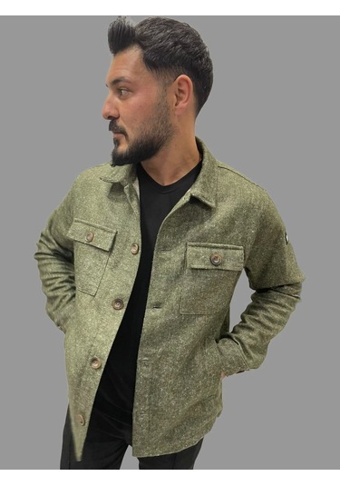 Erkek Cep Detaylı Kışlık Haki Kaşe Gömlek Haki