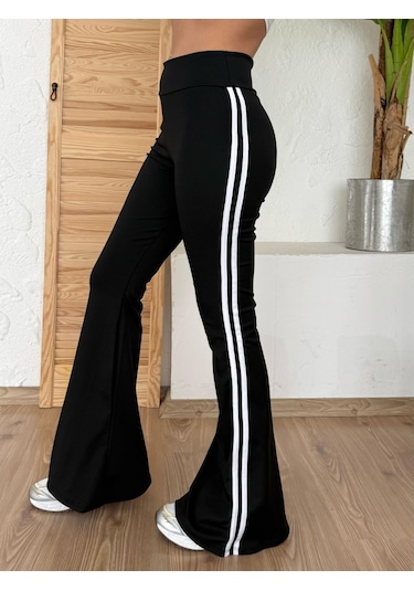 Munn Collection Kadın Yüksek Bel Şerit Detaylı Ispanyol Paçalı Dalgıç Pantolon SiYAH