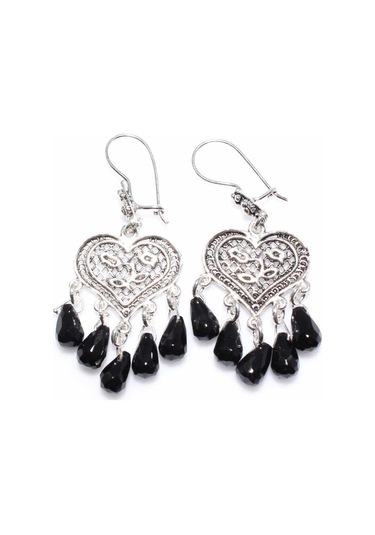 925 Ayar Gümüş Kalp Modeli Damla Oniks Taşlı Telkari Küpe