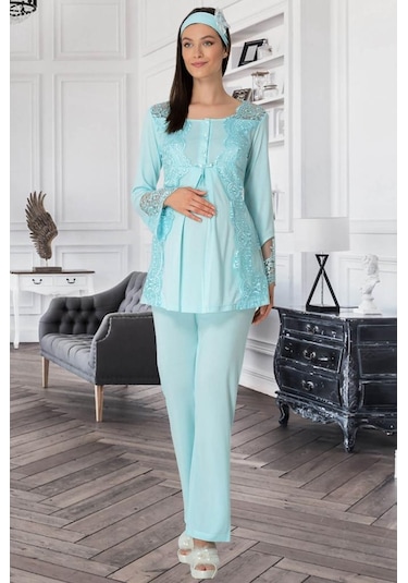Mecit Pijama Mecit 5355 Bayan Hamile Lohusa Turkuaz Sabahlık Gecelik Pijama