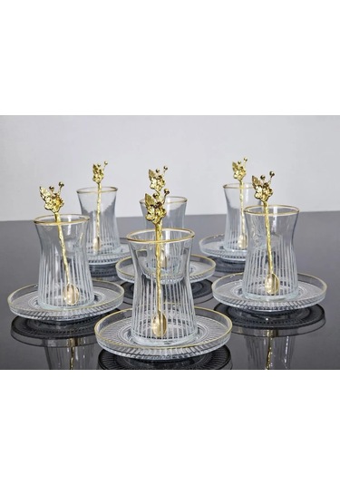 Çeyizci Çarşı Çay Seti Elysia Tabaklı 18 Parça Gold Yaldızlı Japon Gülü Çay Kaşıklı Çok Renkli