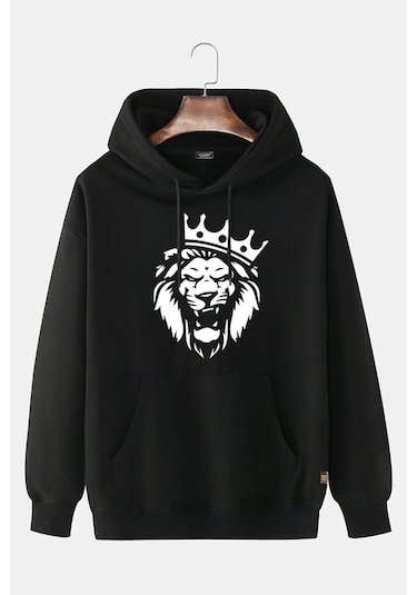 Unisex Siyah Dark Black Önü Aslan Baskılı Kapüşonlu Sweatshirt Dark Black