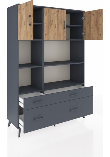 Hyperion Dolap 8 Raflı 4 Çekmeceli 3 Kapaklı 132x44x195 Antrasit-çam/antrasit Atlas Çam/antrasıt