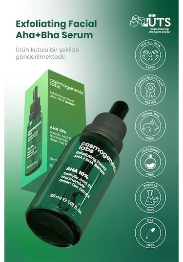 Cosmogenesis Labs AHA %10 BHA %2 Peeling Etkili Serum 30ml - Cilt Yenileyici Ölü Hücre Temizleyici Yeşil Çay Vegan
