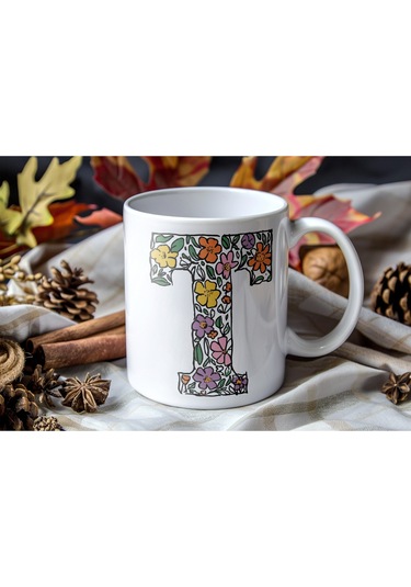 T Baş Harf Çiçek Desenleri İle Natural Tarz Kupa Bardak - Kişiye Özel Çiçekli Kahve Çay Bardak - Beyaz