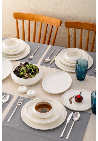 İstanbul Porselen Kınalıada 53 Parça 12 Kişilik Yuvarlak Yemek Takımı Beyaz