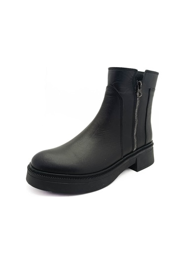 Hakiki Deri Siyah Fermuarlı Kalın Topuk Ortopedik Kadın Bot Siyah