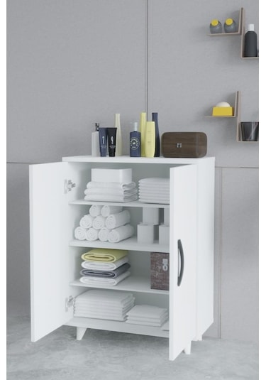 Güney 4 Raflı 2 Kapaklı Banyo Dolabı Havlu Dolabı Beyaz Beyaz