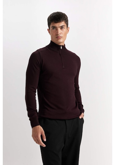 DeFacto Standart Fit Yarım Boğazlı Yarı Fermuarlı Triko Kazak D0624AX24AUBR34 Bordo