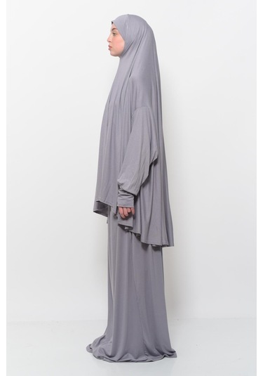 Pratik 2 Parça Pamuklu Yarasa Kollu Başörtülü Tesettür Namaz Elbisesi Gri Antrasit