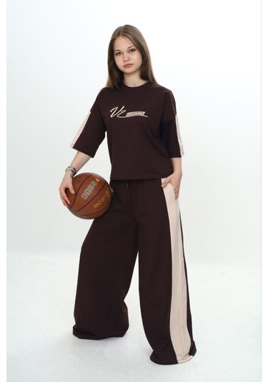 Kız Çocuk %100 Pamuk London Baskılı Oversize Garnili Truvakal Kollu Eşofman Takımı-293-eşt-0010 Kahverengi