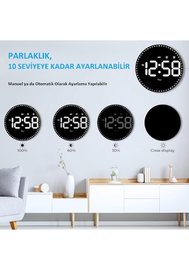 10'' Akıllı Dijital Duvar Saati Led Ekran Uzaktan Kumanda Alarm Siyah