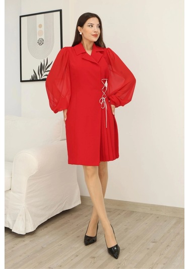 Lodmela Bağlama Detaylı Piliseli Elbise 2324-kırmızı Kırmızı