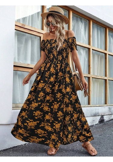 Kadın Kısa Kollu Madonna Yaka Yırtmaçlı Çiçek Desenli Süprem Elbise Siyah