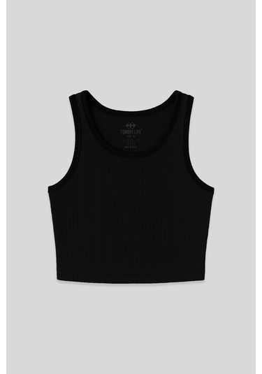 Tommy Life Siyah Basic Sıfır Kol Dar Kalıp U Yaka Kadın Crop Top Atlet - 97160 Siyah