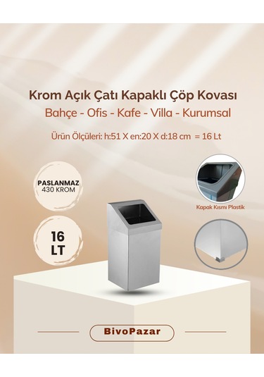 Krom Sallanır Çatı Kapaklı Çöp Kovası 16 Lt Krom