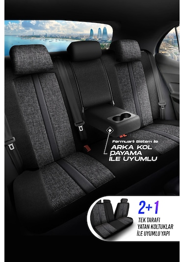 Füme - Gri Panda Sevılla Serısı Keten Kumaş Oto Koltuk Kılıfı - Tam Set