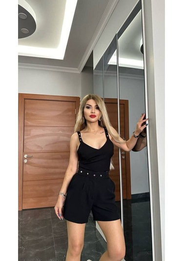 Askılı Crop Şort Takım Taşlı Kemerli Siyah Siyah