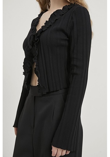 Kadın Fırfır Detaylı Önü Bağcıklı Esnek Pamuk Kısa Fitilli Hırka Siyah