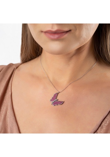 Fuşya Zirkon Taşlı Zarif Tasarım 925 Ayar Gümüş Kelebek Kolye (459601727)